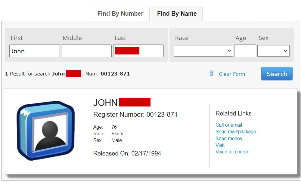 A screenshot of the BOP inmate locator offered by the Federal Bureau of Prisons, where the user can obtain access to a database to find a subject’s historical criminal details at the federal level.