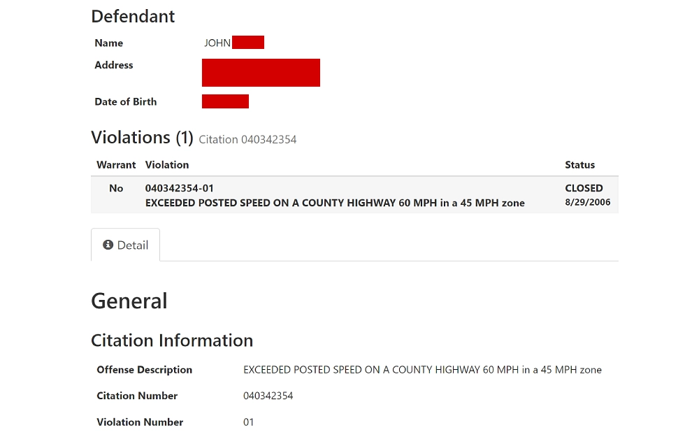 A screenshot displaying a defendant's case details with information such as name, address, date of birth, violations, citations and warrants from the St. Louis County, Missouri website. 