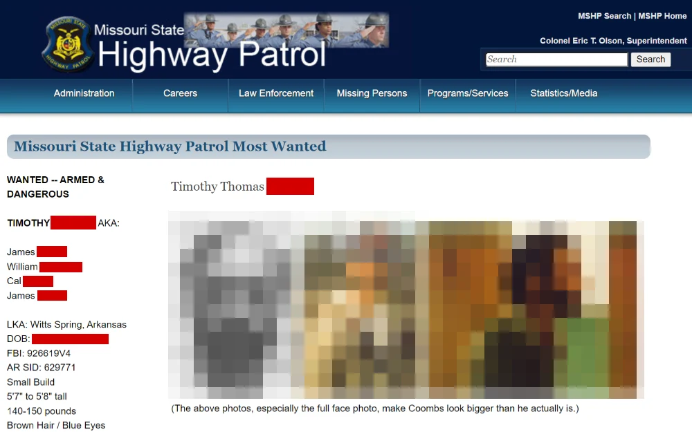 A screenshot showing the most wanted from Missouri State Highway Patrol with a mugshot photo and details such as name, aliases, LKA, date of birth, FBI and AR SID number, and others.