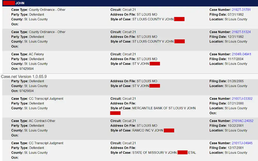 A screenshot of the Missouri Courts Judicial Branch of Government website displaying name search results displaying information such as case and party type, county, OCN, circuit, address on file, and case type.