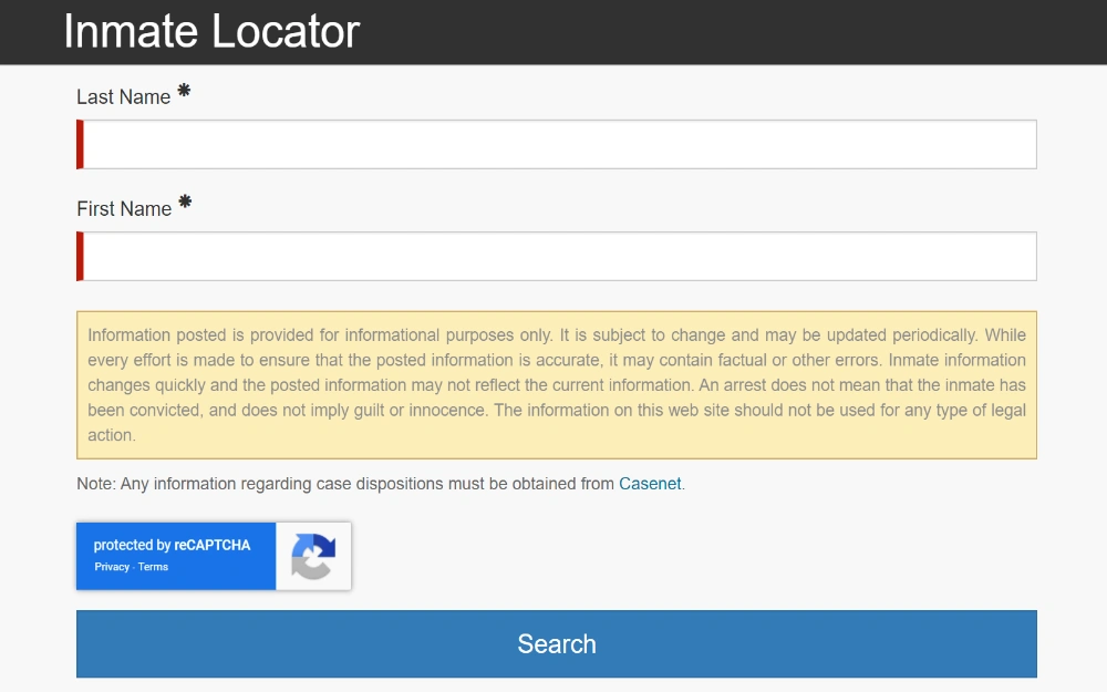 A screenshot showing an inmate locator with required fields such as the inmate's last name and first name, captcha verification, and a blue search button to proceed with the results from the Saint Louis County Police website.