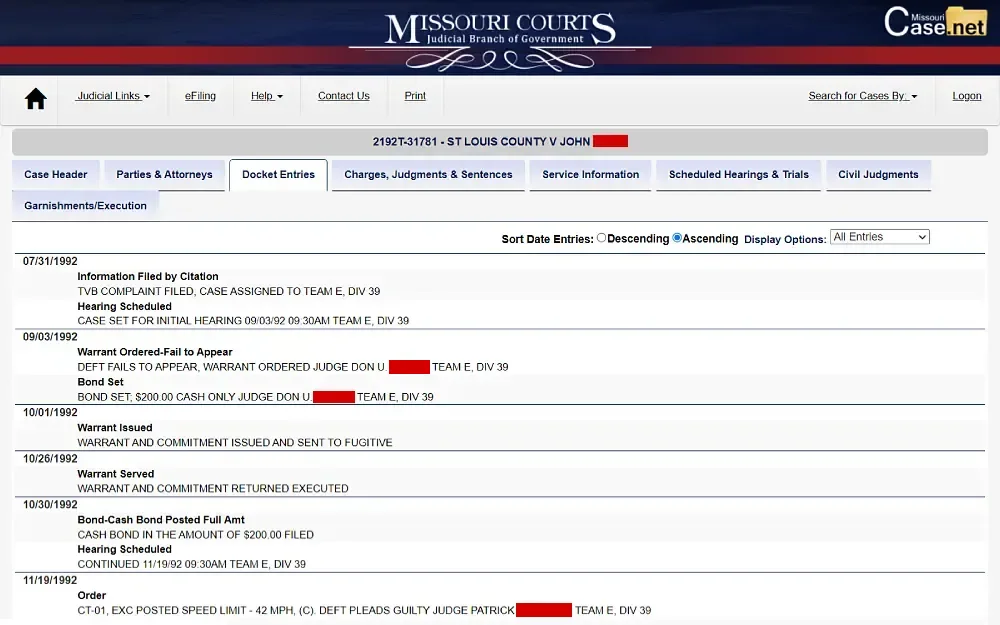 A screenshot of the docket entries for case information from the Missouri Courts Judicial Branch of Government website, showing tabs for case headers, parties and attorneys, charges, judgments and sentences and more.