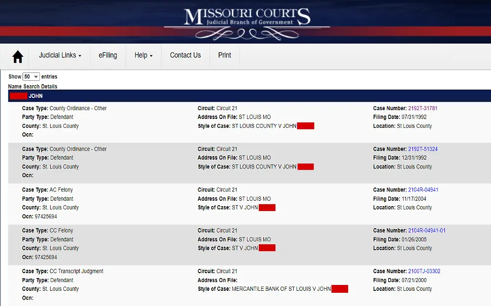 A screenshot displaying the Missouri Courts Judicial Branch of Government name search results with information such as the complete name, case type, party type, county, OCN, circuit, address on file and style of the case.