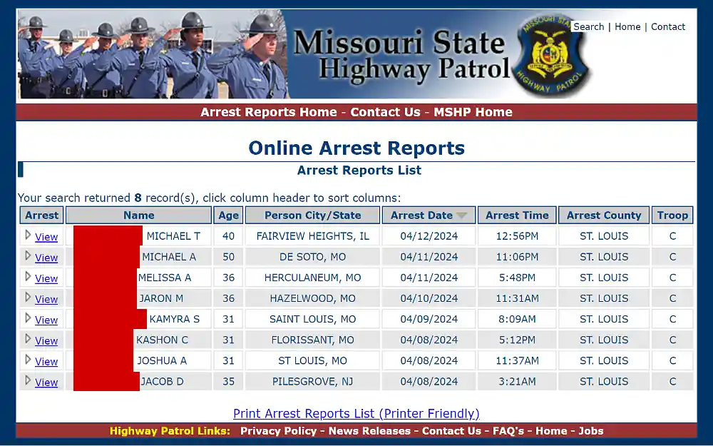 A screenshot displaying the online arrest reports showing the view button to see the arrest details, name, age, person's city or state, arrest date and time, county and troop from the Missouri State Highway Patrol website.