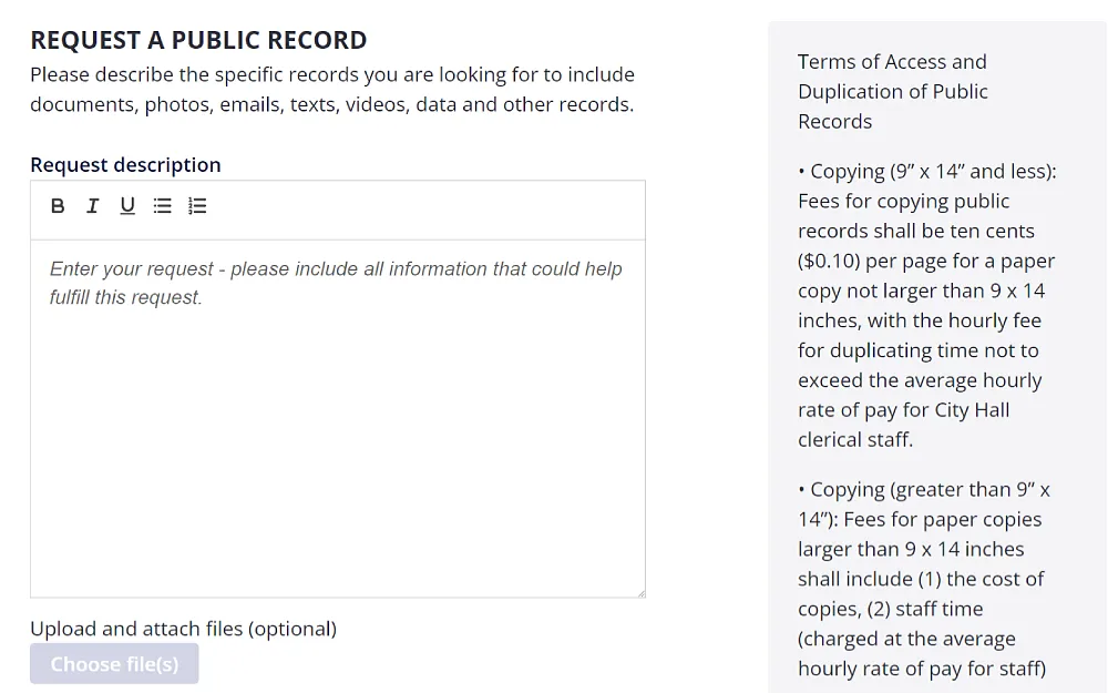 A screenshot displaying a request a public record with a space to fill in the description of the specific records for request such as documents, photos, emails, data, video, texts and other records from the Florissant Police Department website.