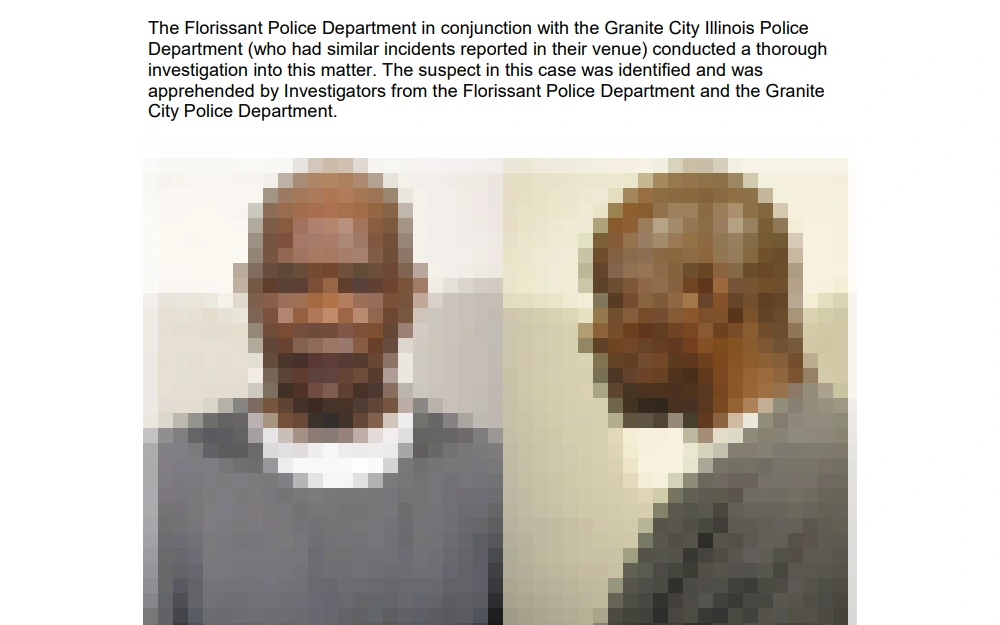 A screenshot from a press release shows front and side mugshots of a suspect of a robbery case that is investigated by both the Florissant Police Department and Granite City Illinois Police Department.