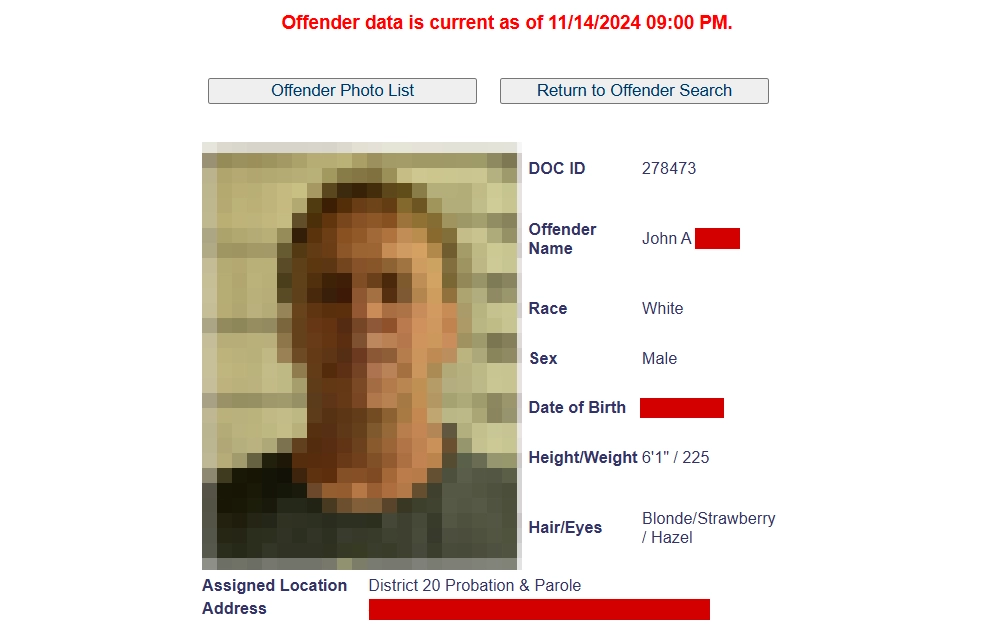 A screenshot of an offender detail from the Missouri Department Of Corrections displays his mugshot beside personal details, such as DOC ID, name, race, sex, birthdate, height, weight, hair and eye colors, assigned location, and address.