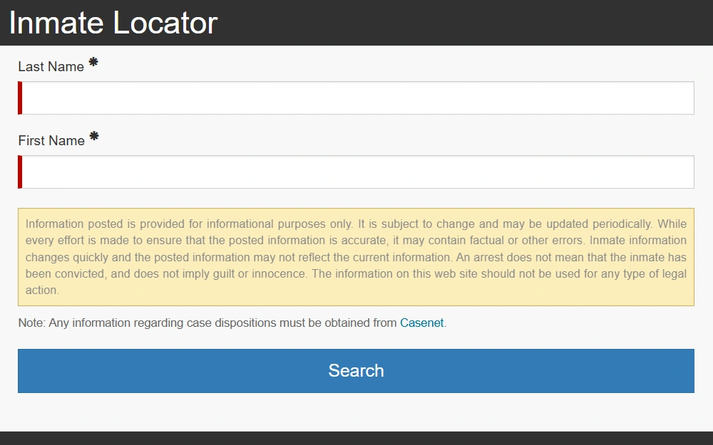 A screenshot of the inmate locator provided by St. Louis County Department of Justice Services displays input fields for both first and last names, a disclaimer about its purpose, and an additional note about case dispositions.